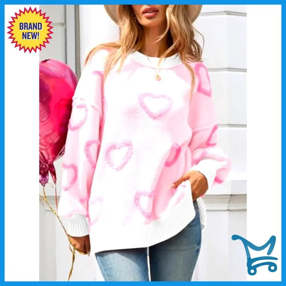 Oversized Chunky Knit Heart Sweater Y2K Cute Winter Pullover Side Slit - Picture 2 of 7